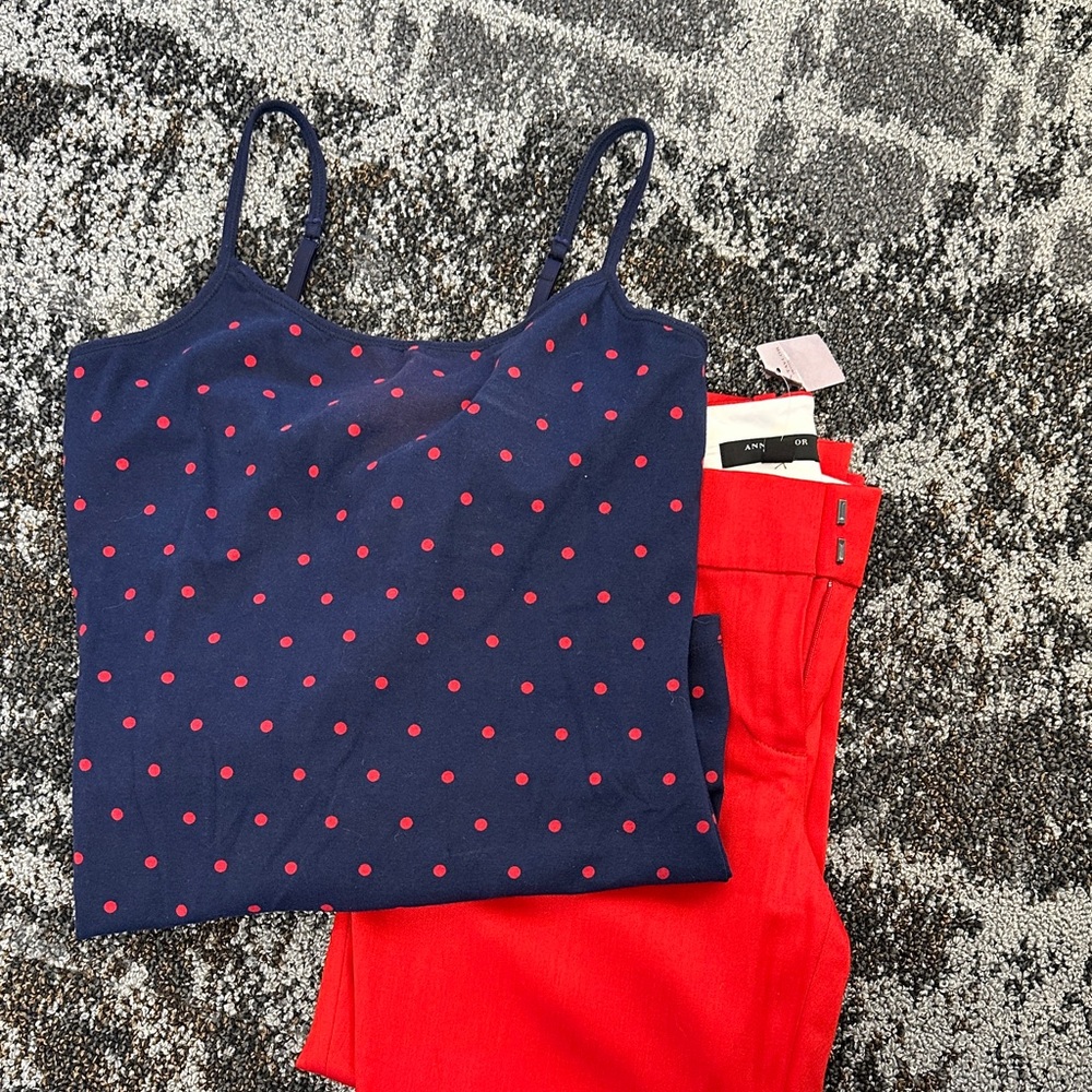 Express Navy & Red Polka Dot Top with Red Ann Taylor Pants